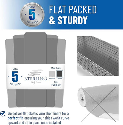 Shelf Liners for Wire Shelf System: Set of 5 in Graphite: 18 x 60 inch: Plastic Wire Shelving Shelf Mats