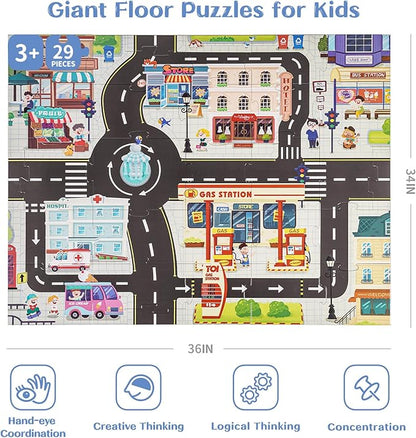 TOI Gaint Floor Puzzle for Kids Ages 3 and Up, 2x3 Feet City Floor Puzzles for Toddlers 3-5, Extra Large Preschool Learning Jigsaw Puzzles for Boys and Girls