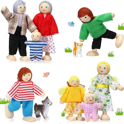 Skylety 10 Pcs Wooden Dollhouse Set of Mini People Figures Dollhouse Dolls Wooden Doll Play Figures Accessories(Bright Style)