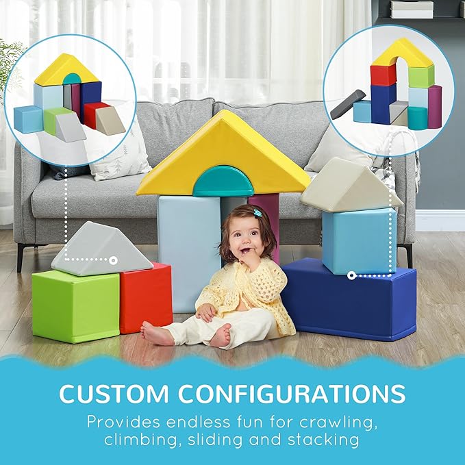 Soozier Foam Climbing Blocks for Toddlers, 11-Piece Baby Soft Foam Play Set, Climb and Crawl Activity Playset Building Blocks for Aged 1-3 Years Old Boys & Girls, Contemporary