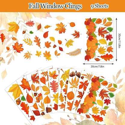 Whaline 124Pcs Fall Window Clings Colorful Maple Leaves Pumpkin Pine Reusable Window Decals for Autumn Thanksgiving Harvest Party Seasonal Holiday Home School Supplies