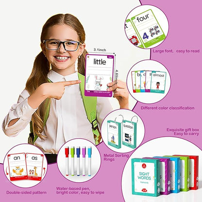 WJPC 275 Cards, 530PCS High Frequency Sight Words Flash Cards with Pictures, Sentences, for (Pre-Kindergarten, 1st, 2nd, 3rd 4th Grade, 4,5,6,7,8,9,10,11 Years Ages Kids Preschool, Homeschool