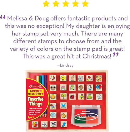 Melissa & Doug Wooden Stamp Set, Favorite Things - 26 Wooden Stamps, 4-Color Stamp Pad