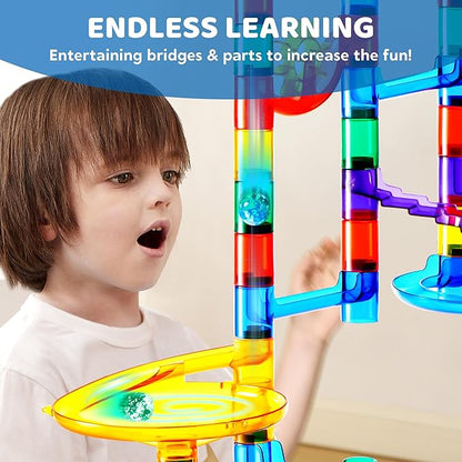 JOYIN 150Pcs Glowing Marble Run- Construction Building Blocks Toys with 5 Glow in The Dark Glass Marbles, STEM Educational Building Block Toy, Gift for Christmas