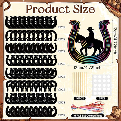 Western Cowboy Scratch Cards 80 Pcs Horseshoe Rainbow Scratch Art Paper with Wooden Stylus for Boys and Girls DIY Colorful Horse Craft Kits Home School Western Theme Birthday Festive Party Favors
