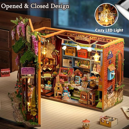 TuKIIE DIY Miniature House Kit with Furniture, 1:24 Scale Creative Room Opened & Closed Wooden Dollhouse Book Nook Plus Dust Proof for Kids Teens Adults(Dollhouse Shop)