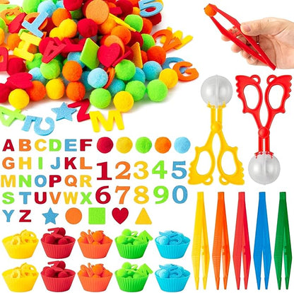 EZdhuawuse Letters Numbers Sensory Bin Fillers - 240Pcs Summer Alphanumeric Fine Motor Skills Toys Color Counting Sorting Set for Kids, Felt Letter Pom Poms Cup Clip for Preschool Education Activities