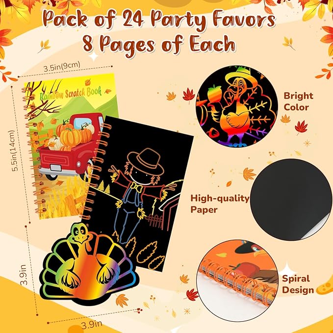 24 Pack Thanksgiving Scratch Art Party Favors for Kids - Rainbow Scratch Paper with Fall Party Scratch Off Cards Pumpkin Birthday Goodie Bag Stuffers - Return Gifts DIY Classroom Prize