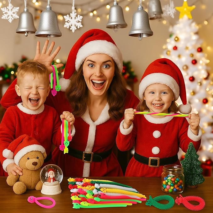 48 Pcs Christmas Stretchy Strings Fidget Toys, Colorful Stretchy Fidgets Sensory Toys, Stress Relief Stretch Sensory Bracelet String with Xmas Tree Santa Claus Snowman Elk for Party Favors (Mixed)