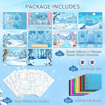 PERRYHOME Foil Arts & Crafts for Kids-DIY Frozen Fun Foil Art Kit Toys,Mess Free Coloring,Kids Car Airplane Travel Activities Toys,Birthday Christmas Gifts for Girls Children Toddler Ages 4-9