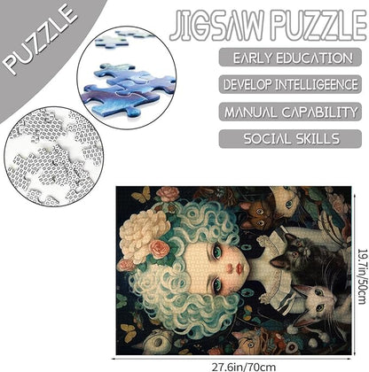 Curly-haired Doll and Cat Jigsaw Puzzle Cool Dolls Girl 1000 Piece Jigsaw Puzzles for Adults Challenging Family Activity Games Colorful DIY for Home Decor 20 x 27 Inch