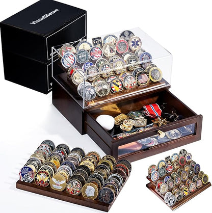 Premium Challenge Coin Display Case for 100 Coins - 360° View & Interchangeable Panels - Military, Police, Fire Fighter Gift for Retirement, Promotion