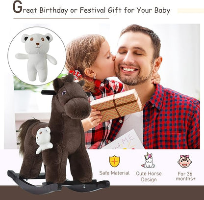 Qaba Kids Plush Ride-On Rocking Horse with Bear Toy, Children Chair with Soft Plush Toy & Fun Realistic Sounds, Brown