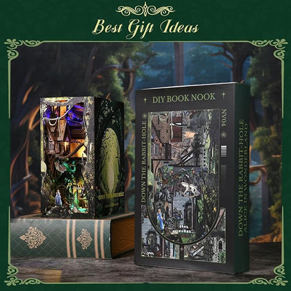 Book Nook Kit, Booknook Kit with Dust Cover for Adult DIY Miniature House Kit 3D Wooden Puzzle Decorative Bookend Bookshelf Gift for Women Teens (Alice Down The Rabbit Hole)