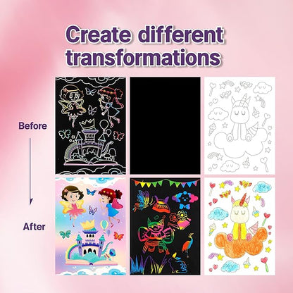 OMTOFUEN 36+9 Scratch Art Paper Kit with Pre-Outlined Template Customizable Paper 4 Follow Boards 8 Scratch Pens 12 Crayons 4 Velvet Clothes for up to 8 Kids Party Gift Birthday Christmas Halloween