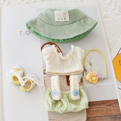 Clothes for Dolls Accessories (No Doll), Cute Outfit Set 5 Pieces Bib Pants for 15 & 17cm Doll Suit, Stylish Dress Up Overalls Doll Clothing Set Replacement with Hat Clothes Shoes Green