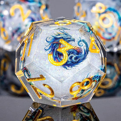 Dragon Pattern Liquid Core DND Dice Set, 7Pcs Sharp Edge D&D Dice with Gift Box, Resin White Dungeons Dragons D and D Role Playing Dice D20 D12 D10 D8 D6 D4