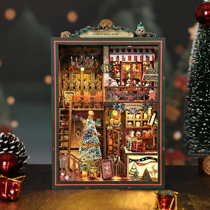 Book Nook Kit for Adults, 3D DIY Wooden Holiday Theme Miniature House Craft Kit Bookshelf Christmas Decor Halloween Birthday Gift