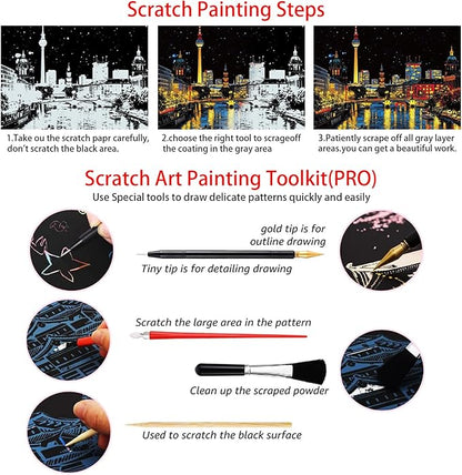 Scratch Art Painting Set for Adults – 8 Sheets A4 Rainbow Scratch Paper,Night Scene Engraving Art Kit Creative Craft Art Set for Craft Enthusiasts (Famous Landmark/City) by Iskueal