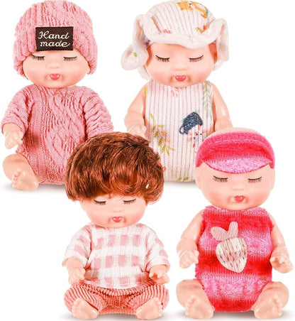 Hanaive 4 Pcs 4 Inch Mini Baby Dolls Lifelike Realistic Baby Dolls Animal Clothes Cute Tiny Gifts for Kids Birthday Party(Homey Style)