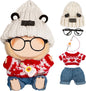 5 Pieces Doll Clothes for Labubu - Kawaii Chic Style Set for 17cm Dolls, Cute Doll Outfit with Accessories - Grey Bear Ears Hat + Red Sweater + Blue Jeans + Glasses + Small Guitar (Clothes Only)