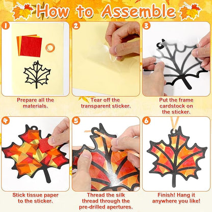 Qyeahkj 36 Set Fall Suncatchers Crafts for Kids DIY Autumn Leaf Pumpkin Acorn Squirrel Window Tissue Paper Craft Kit Hanging Decor for Classroom Home Activity Art Project Birthday Party Favor Gift
