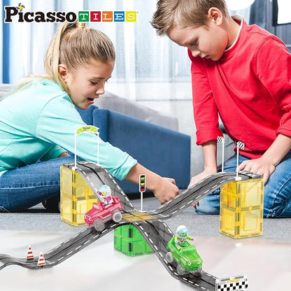 PicassoTiles Magnet Tile Race Car Track Construction Building Block Toy Kit with Character Action Figures and Racing Cars Magnetic Tiles STEM Educational Learning Pretend Play Blocks Kids Age 3+ PTR05