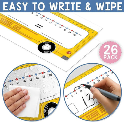 26-Pack School Bus Number Line Dry Erase Boards Cards, 14"x4", Double-Sided, Math Manipulatives for Kids, Student, Kindergarten Elementary Special Education 1st Grade Classroom Must Haves