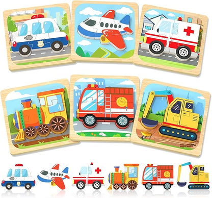Benresive Wooden Toddler Puzzles, Montessori Toys for 1 2 3 Year Old Boys, Toys for 1 2 3 Year Old Boy Birthday Gifts, 6 Pack Vehicle Toddler Learning Educational Puzzles