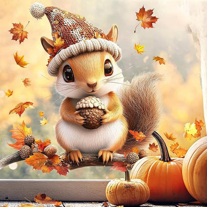 Fall Window Clings for Glass Thanksgiving Static Cling Window Decals 1PCS Cute Squirrel Maple Leaves Autumn Reusable Window Stickers Home School Office Decorations