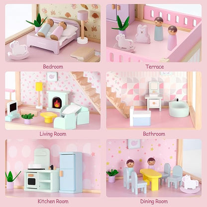 Large Wooden Dollhouse, 3-Story Doll House with 38-Pcs Furniture & Accessories, Open-Concept Floors, Balcony, Flip-Over Snow Roof, Pretend Play Doll House Gift for Kids Ages 3+