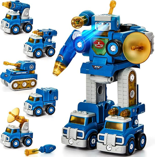 hahaland 5 Year Old Boy Birthday Gift - STEM Toys for Ages 5-7, Toy for 5 6 Year Old Boy, 5 in 1 Building Take Apart Trucks Transform to Robot, Boys Toys Stocking Stuffers Christmas Grandkids Gifts