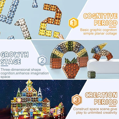 Deluxe Quality Magnetic Tiles Building Set with Attractive Reflective Pattern, LED Lights, Marble Run, and Cars - STEM Educational Toy for Creative Kids Girls Boys 3+ (87 pcs Ferris Wheel)