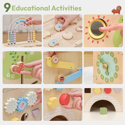 9-in-1 Wooden Activity Cube Baby Busy Board, Montessori Toys for Toddler Play Activity Center, Early Educational Toys with Shape Sorter, Abacus & Gear Toy, Sensory Gifts for Boys Girls