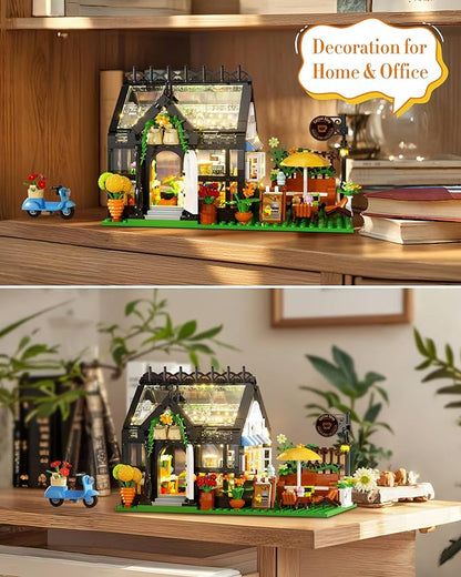 Flower House Building Set, Coffee Shop Outdoor Parasol and Piano Building Kits with Lights, Greenhouse Model Halloween for Girls, Home Decor Office Coffee Bar Display