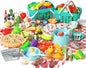 150Pcs Kitchen Playset, Toddlers Pretend Cooking Cookware Accessories, Food, Picnic Blanket, Fruits, Veges, 2Pack Shopping Storage Basket, Dessert and Prop Money, Gift for Kids (Turquoise)