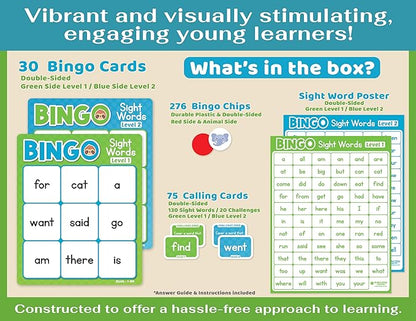 Sight Words Bingo Game for Kindergarten, Learn to Read Sight Word Cards, Word Games for Kids Ages 4-8, Bingo Sight Words Level 1&2