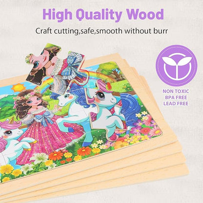 Wooden Puzzles for Kids Ages 4-6, 24 Piece Unicorn Mermaid Princess Jigsaw Puzzles 4 Packs, Preschool Toddlers Learning Activity Puzzles Toys for Girls 3 4 5 6 Years Old