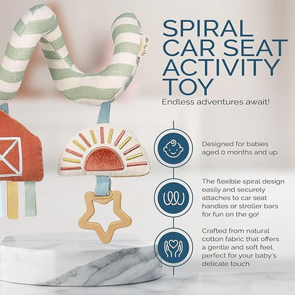 Itzy Ritzy Spiral Car Seat & Stroller Activity Toy - Stroller & Car Seat Toys for Ages 0 Months and Up - Hanging Toys Include Dangling Ring, Mirror and Textured Ribbons (Farm)