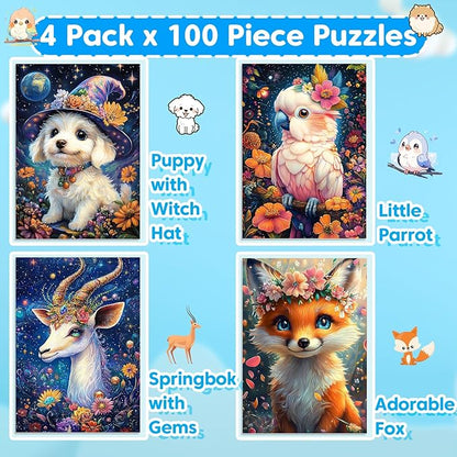 4-Pack 100 Piece Puzzles for Kids Ages 4-6 6-8 8-10, Adorable Puppy Parrot Springbok Fox Jigsaw Puzzles, Set for Kids Adults Seniors, Fun and Educational Toys for Family