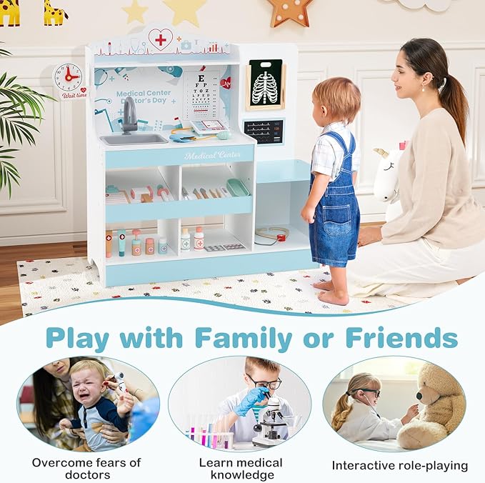 HONEY JOY Kids Wooden Doctor Play Set, 2 In 1 Checkup Medical Office Center & Vet Clinic Station, Exam Area & Interactive Accessories, X-Ray, Toddler Pretend Hospital Playset Kit for Boys Girls (Blue)