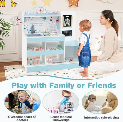 HONEY JOY Kids Wooden Doctor Play Set, 2 In 1 Checkup Medical Office Center & Vet Clinic Station, Exam Area & Interactive Accessories, X-Ray, Toddler Pretend Hospital Playset Kit for Boys Girls (Blue)
