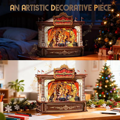 CUTEBEE 3D Puzzles Wooden Theater for Adults - DIY Music Box Rotating Miniature House Kit Model Building Set with LED Light, Home Bookshelf Decor, Unique Birthday Gifts (Animal Carnival)