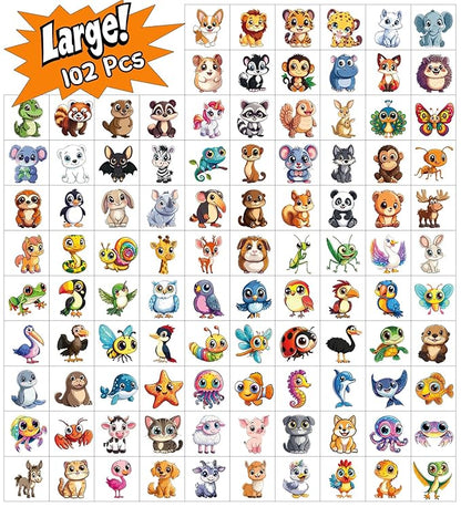 JCFIRE Larger Temporary Tattoos For Kids, 102 Styles Mixed Cute Animals Stickers Birthday Party Favors for Kids 3-5 4-8, Goodie Bag Stuffers Party Supplies Decoration Gifts Activities Games Christmas