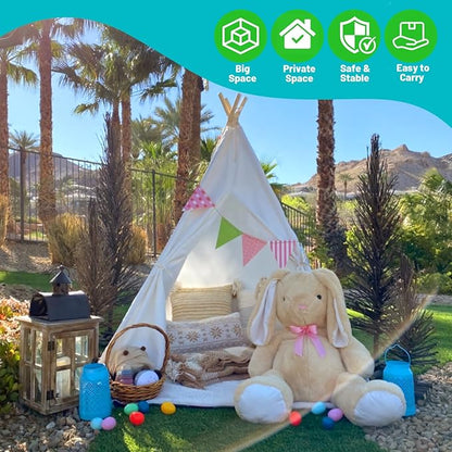 Sumbababy Teepee Tent for Kids Indoor - Natural Canvas Kids Play Tent - Washable Tipi Sleepover Tents with Lights & Carry Bag, Outdoor Toddler Tents for Girls & Boys - Foldable Playroom Gift Toys