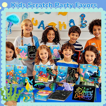 12 Pack Under the Sea Scratch Art Party Favors for Kids - Rainbow Scratch Paper with Ocean Animals Scratch Off Cards Easter Birthday Goodie Bags Stuffers - Return Gifts DIY Classroom Prizes