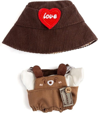 17cm Clothes for Labubu Doll - Kawaii Chic Style Set for 17cm Dolls, Cute Doll Outfit with Accessories - Brown Puppy Romper + Puppy Shirt + Heart Shaped Brown Hat (Clothes Only)
