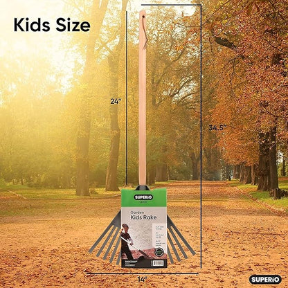 Pack of 3 Kids Rake with Hardwood Handle, Durable Plastic Head to Sweep Leaves in Lawn and Tidying Up The Garden, 34" (Orange)