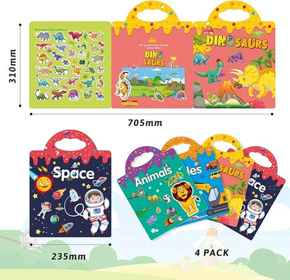 Reusable 4-Set Sticker Books for Toddlers 2-4, Toy Stickers Pad Reusable Sticker Books for Toddlers 1-3 Fashion Activity, Birthday Gift Toy for Girl Boy(Animals, Dinosaurs, Space, Vehicles)