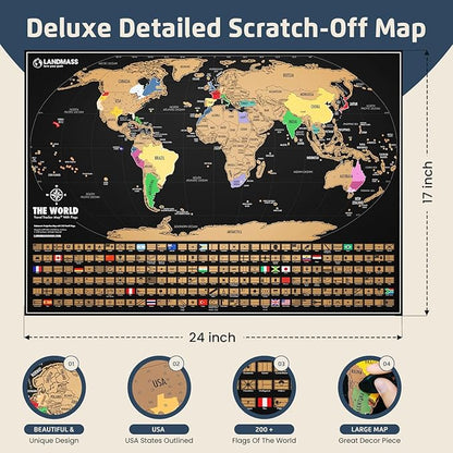 Landmass Scratch Off World Map, Deluxe Travel Tracker with Flags, Detailed Cartography, Gift Idea for Travelers, Wall Art, Home or Office Decor, 17x24 Inches